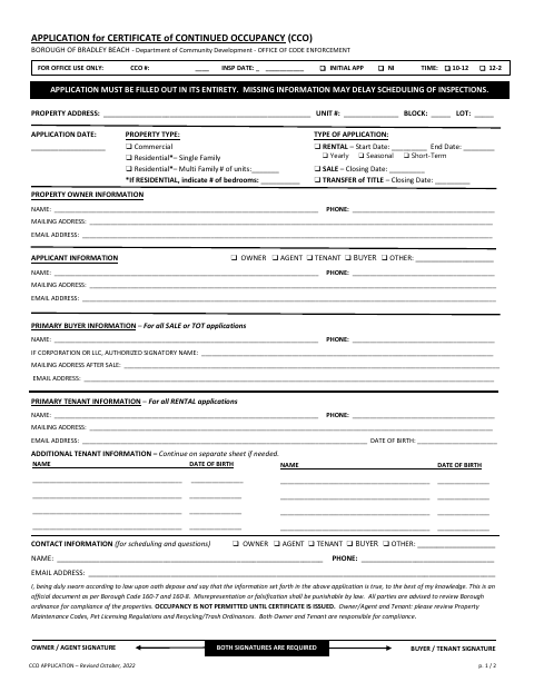 First page of the Application for Certificate of Continued Occupancy