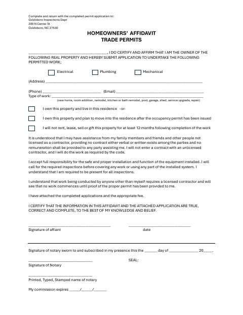 First page of the Homeowners' Affidavit – Trade Permits