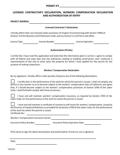 First page of the Licensed Contractor’s Declaration, Workers Compensation Declaration and Authorization of Entry