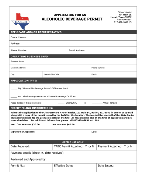 First page of the Alcoholic Beverage Sales Permit Application
