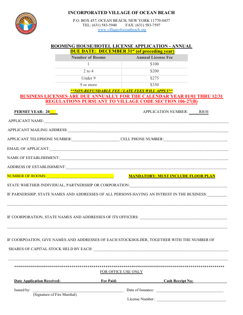 First page of the Rooming House Hotel License Application