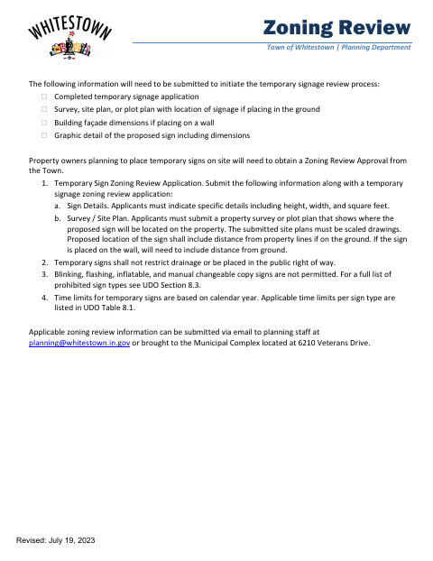 First page of the Temporary Signage Zoning Review Application