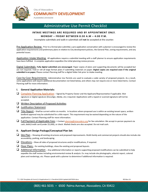 First page of the Administrative Use Permit Checklist
