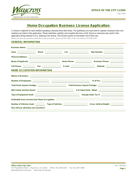 First page of the Home Occupation Application