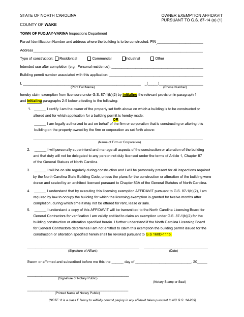 First page of the Owner Exemption Affidavit