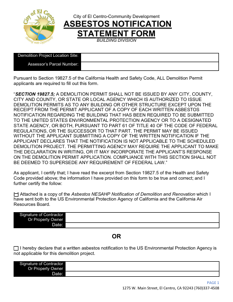 First page of the Asbestos Notification Statement Form