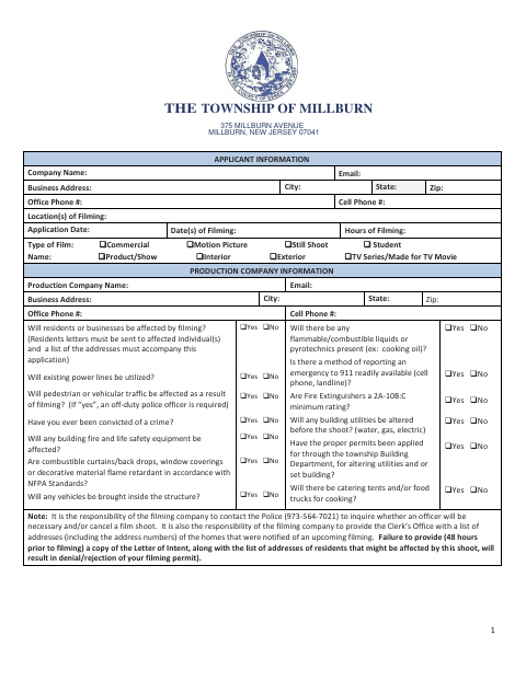 First page of the Film Permit Application