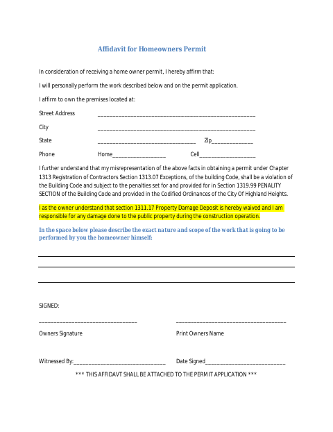 First page of the Affidavit for Homeowner's Permit