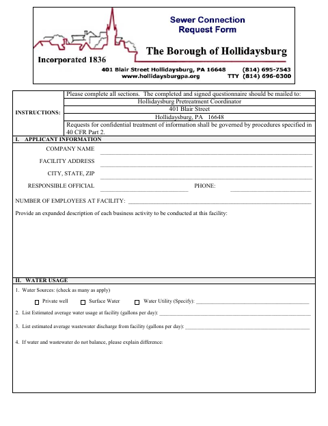 First page of the Application for Non-Residential Sewer Connection