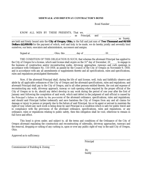 First page of the Sidewalk and Driveway Contractor's Bond