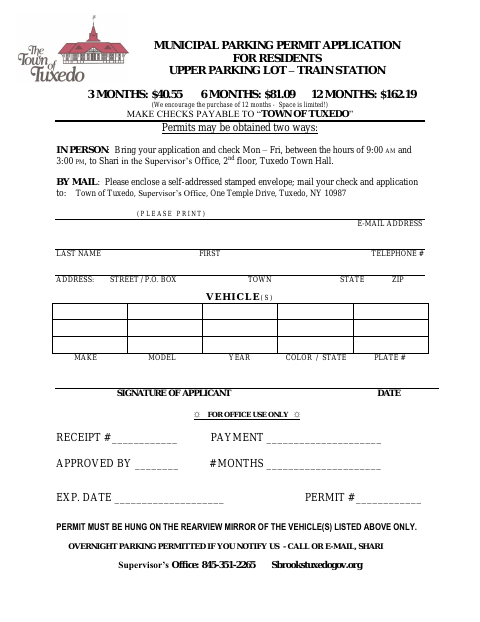 First page of the Municipal Parking Permit Application for Residents – Upper Parking Lot Train Station