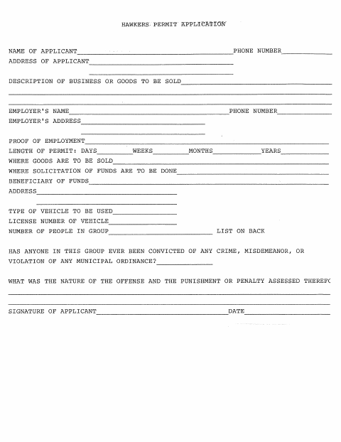 First page of the Hawker's Permit Application