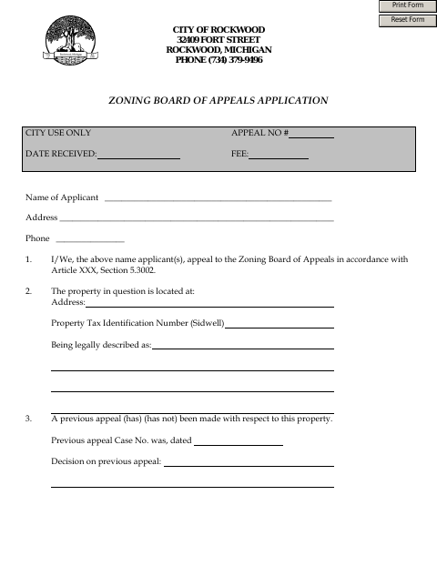First page of the Zoning Board of Appeals Application
