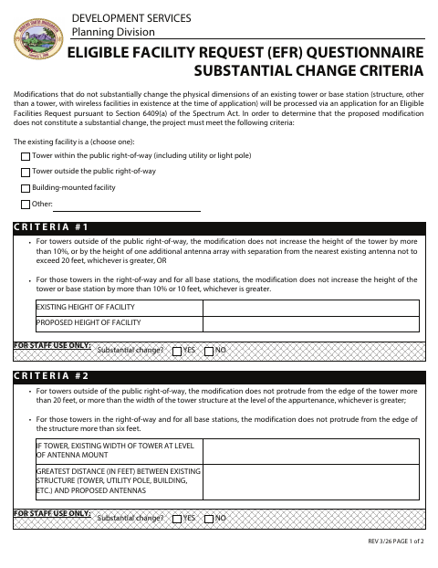 First page of the Eligible Facility Request Questionnaire: Substantial Change Criteria