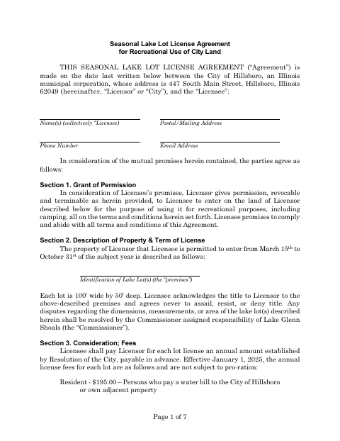 First page of the Seasonal Lake Lot License Agreement for Recreational Use of City Land