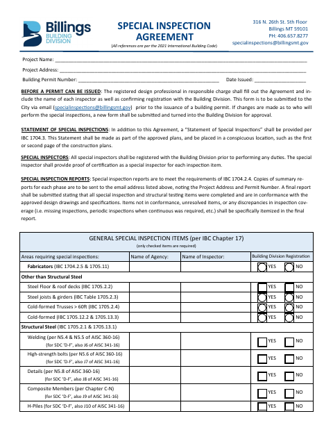 First page of the Special Inspector Agreement