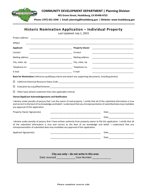 First page of the Historic Nomination Application – Individual Property