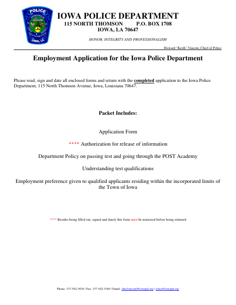 First page of the Police Employment Application Packet
