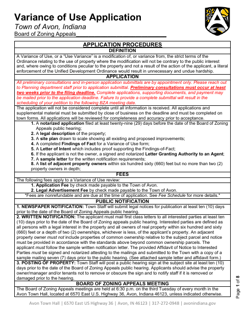First page of the Variance of Use Application