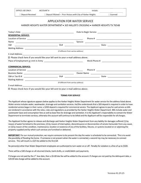 First page of the Water Service Application Form