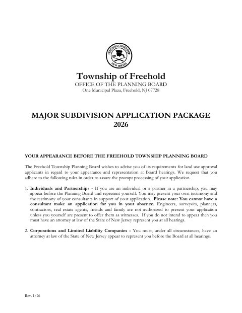 First page of the Major Subdivision Application Package