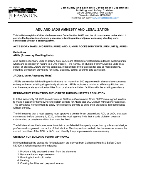 First page of the ADU/JADU Amnesty and Legalization Checklist