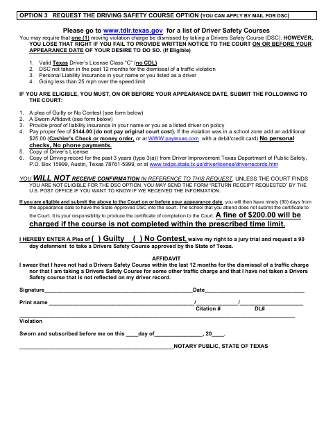 First page of the Driver Safety Course Option Request and Affidavit
