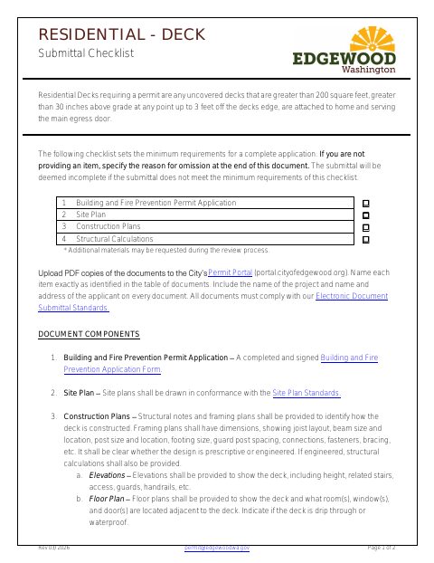 First page of the Residential Deck Submittal Checklist