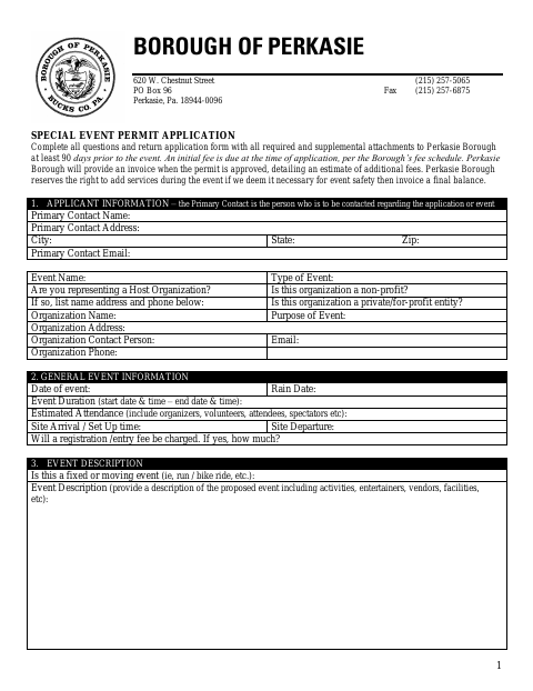 First page of the Special Event Permit Application Form