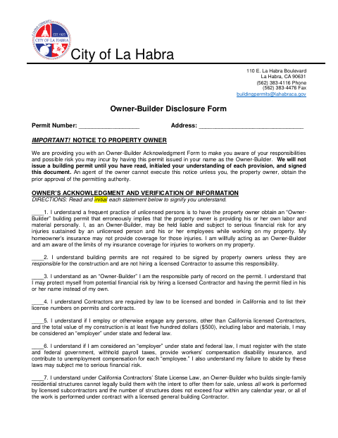 First page of the Owner-Builder Disclosure and Agent Authorization