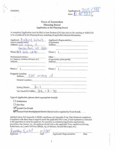 First page of the Planning Board Special Use Permit Application