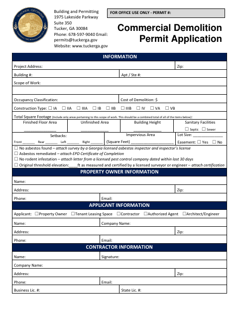 First page of the Commercial Demolition Permit Application