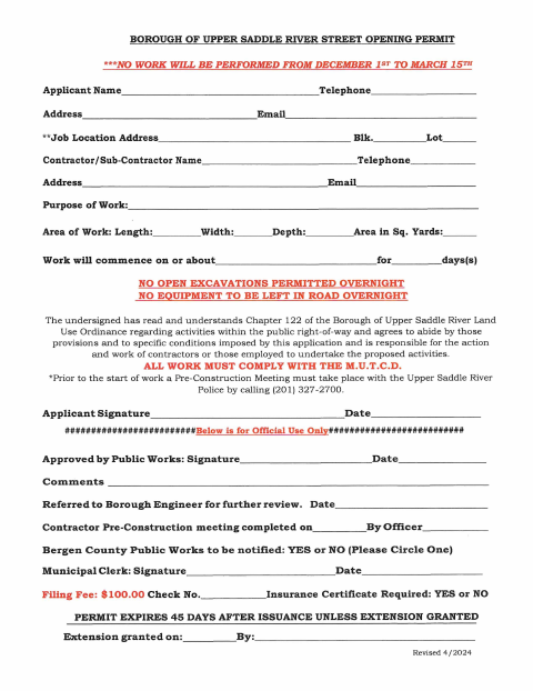 First page of the Street Opening Permit Application