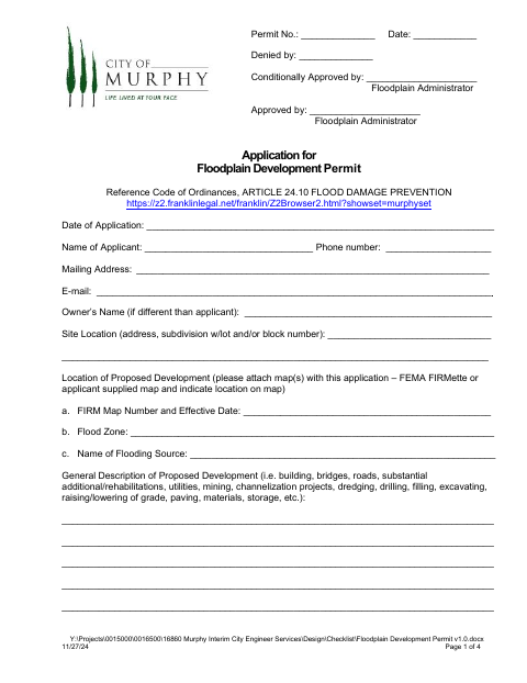 First page of the Application for Floodplain Development Permit