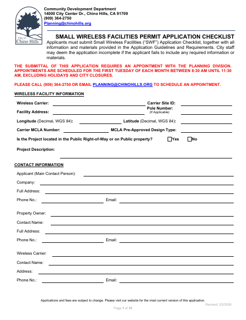 First page of the Small Wireless Facility Application