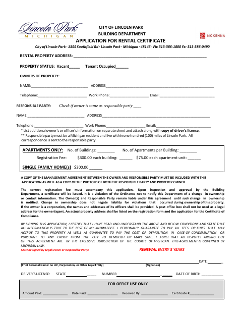First page of the Rental Certificate Application