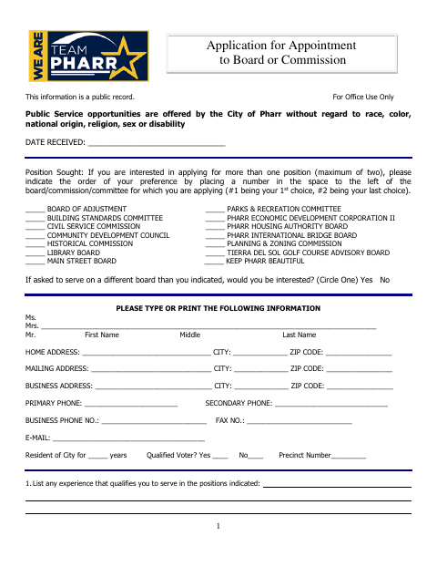 First page of the Application for Appointment to Board or Commission