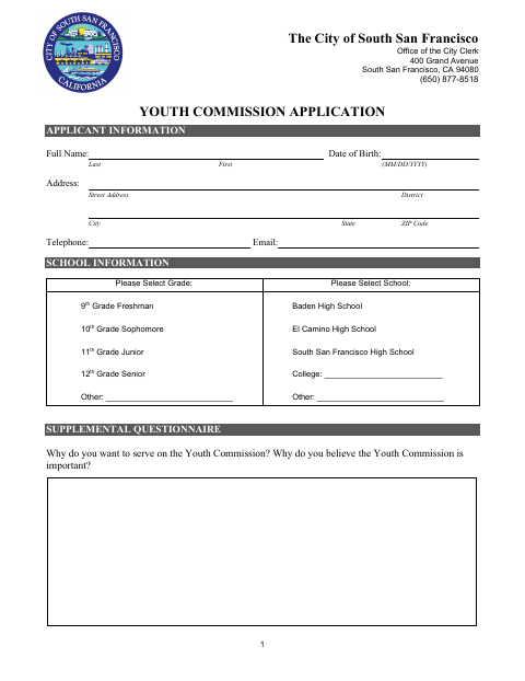 First page of the Youth Commission Application