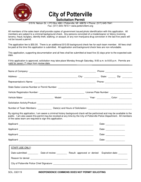 First page of the Solicitation Activity Permit