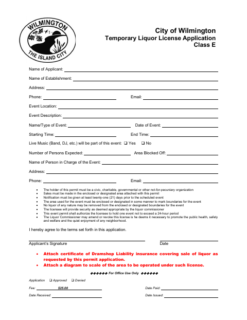 First page of the Temporary Liquor License Application Class E