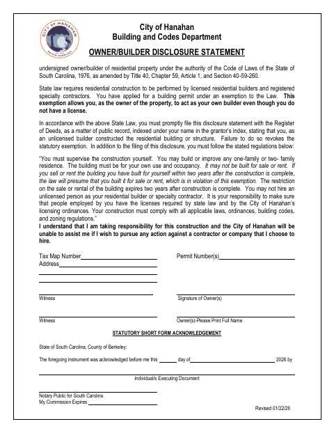 First page of the Owner/Builder Disclosure Statement