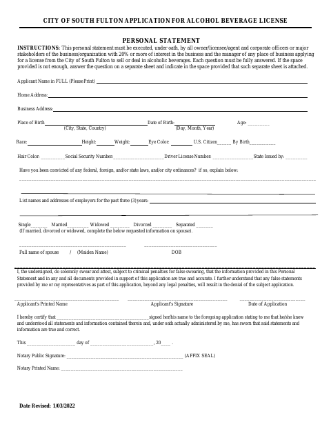 First page of the Alcohol License Personal Statement