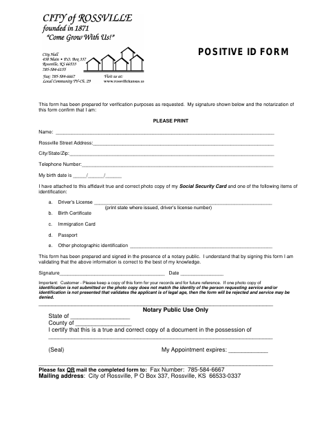 First page of the Positive Identification Form for Utility Signup