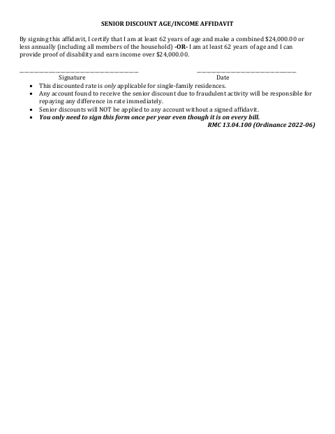First page of the Senior Discount Age/Income Affidavit