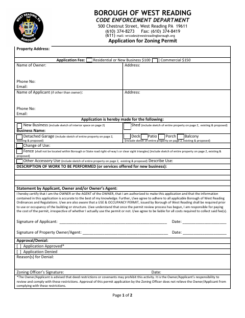 First page of the Application for Zoning Permit