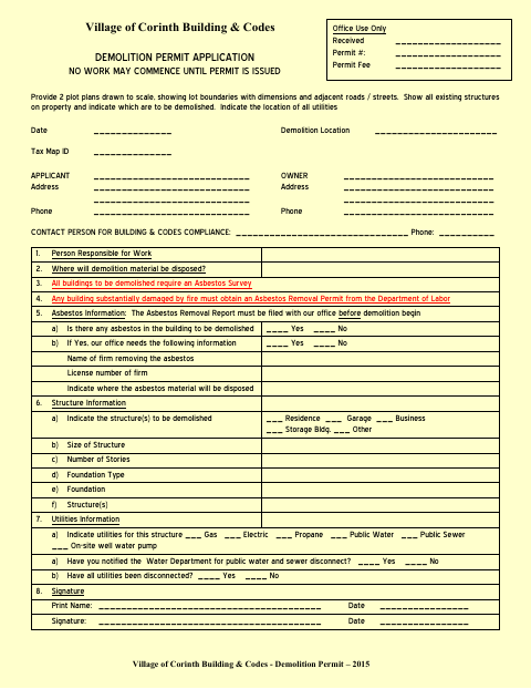 First page of the Demolition Permit Application