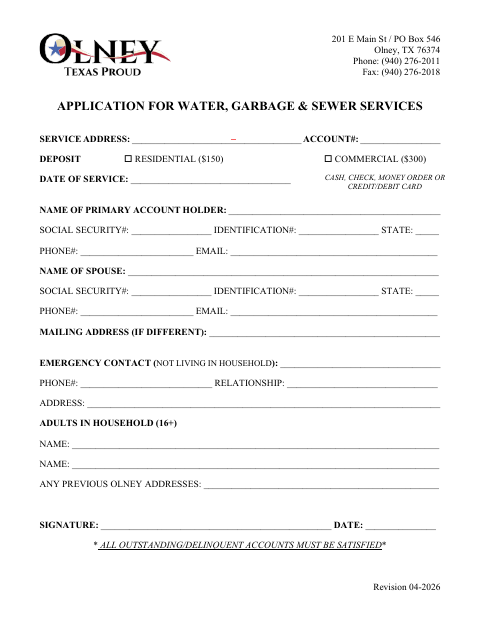 First page of the Application for Water, Garbage & Sewer Services