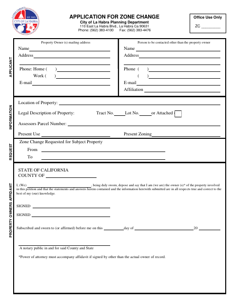 First page of the Application for Zone Change