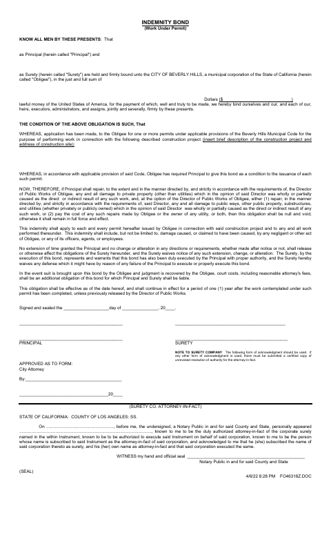 First page of the Indemnity Bond for Work Under Permit