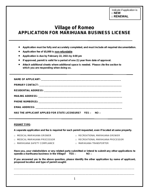First page of the Marihuana Business License Application